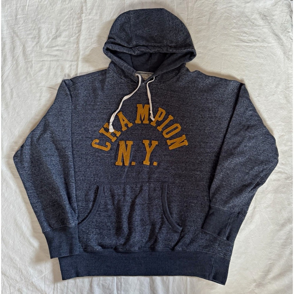 Vintage Champion Men's Blue NY Graphic Fleece Pullover Hoodie Pockets Sz L